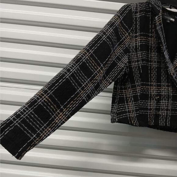 Slate & Willow Classic Plaid Tweed Blazer Womens Small Black Cropped Jacket - Picture 6 of 11